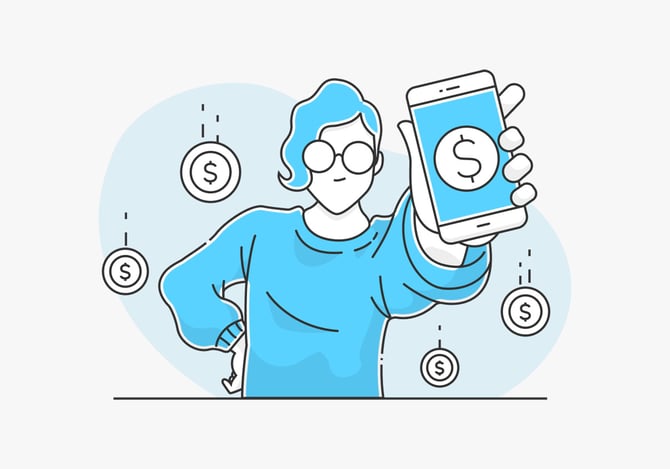 Ilustração mostrando uma pessoa segurando o celular utilizando ferramenta financeiras