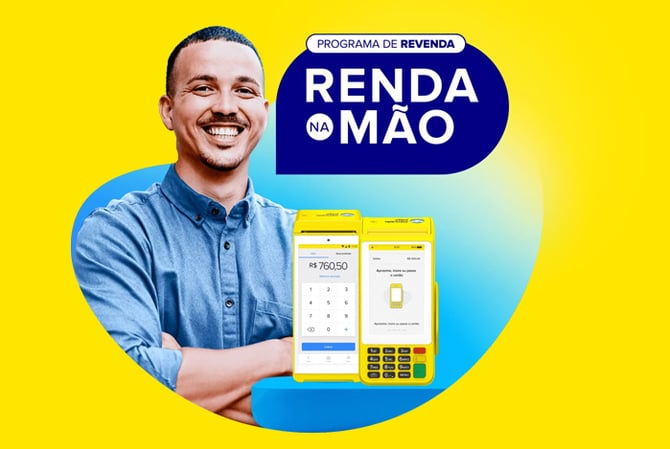 Mercado Pago: homem sorrindo ao lado do logo do Programa de revenda Renda na Mão, do Mercado Pago, mostrando suas maquininhas de cartão que serão revendidas, com uma delas indicando o valor de R$ 760,50 na tela.