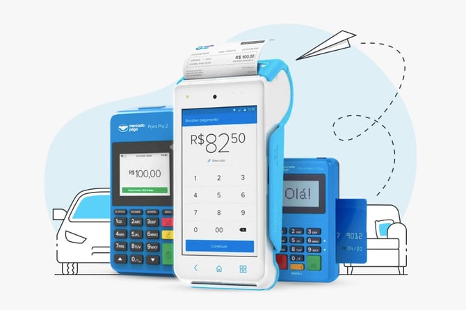 Três modelos diferentes de maquininhas de cartão do Mercado Pago.