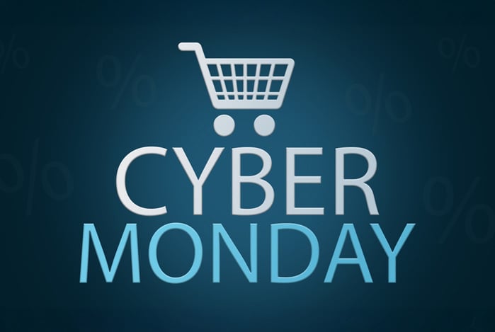 Mercado Pago: fundo azul com “Cyber Monday” escrito e um carrinho de supermercado ilustrado