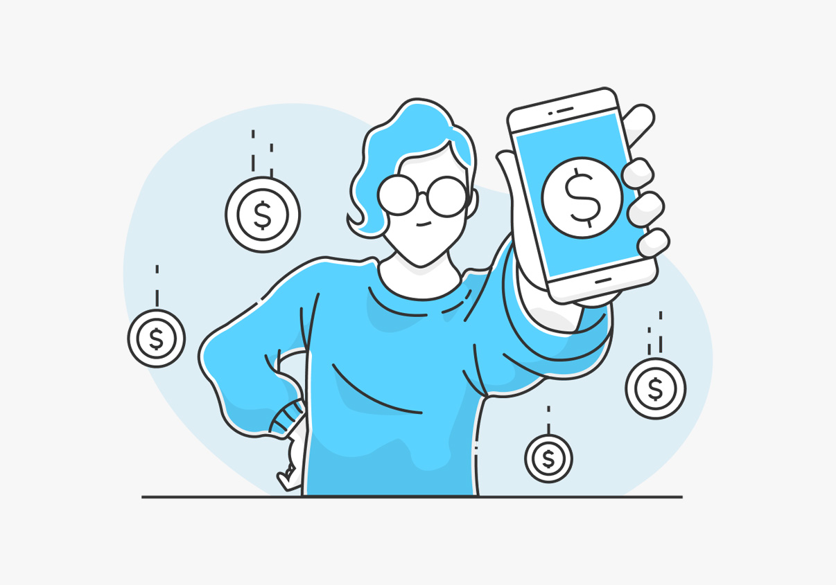 Ilustração mostrando uma pessoa segurando o celular utilizando ferramenta financeiras