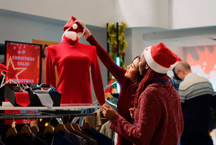 Casal com gorros de Natal em uma loja de roupa conferindo uma blusa vermelha exposta em um manequim, mostrando a agilidade do fluxo de vendas neste período e como o Mercado Pago pode auxiliar neste processo.