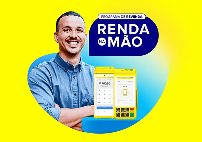 Fundo amarelo, detalhe em azul com as maquininhas Point e arte com homem vestindo camisa social azul, de braços cruzados para divulgar os novos incentivos do Programa de Revenda Mercado Pago, “Renda na Mão”