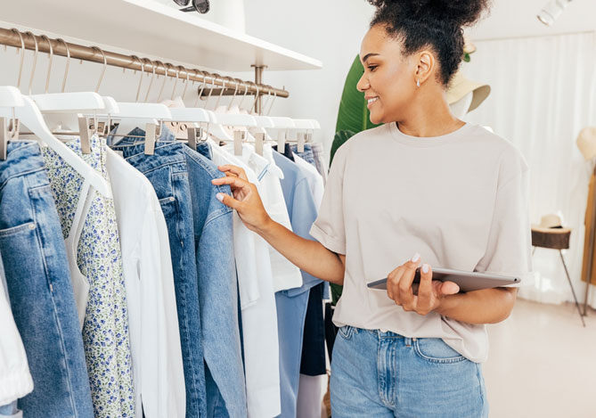 Mercado Pago: imagem de uma empreendedora avaliando peças de roupa em sua loja para planejar uma estratégia de aumento de ticket médio na troca de coleção