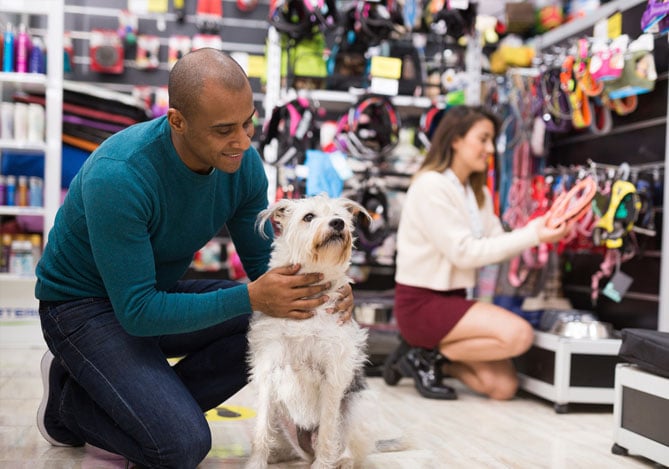 Mercado Pago: imagem de empreendedor abraçando um cachorro em seu Pet Shop ao recebê-lo para um serviço de banho e tosa que será pago utilizando um formato de venda por link de pagamento.