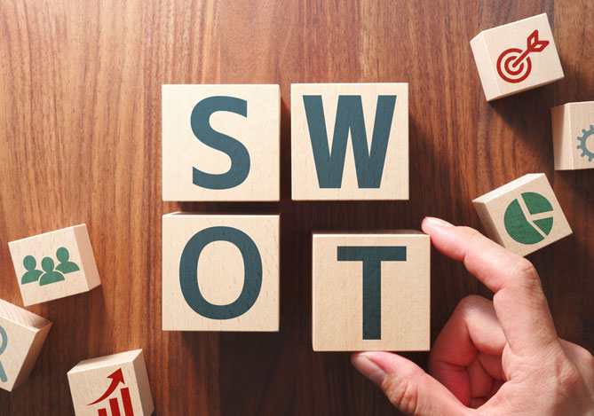 Cubos com letras do SWOT para aplicar em seu negócio com Mercado Pago